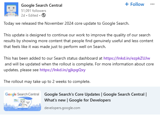 Google Core Update  November 2024 on LinkedIn